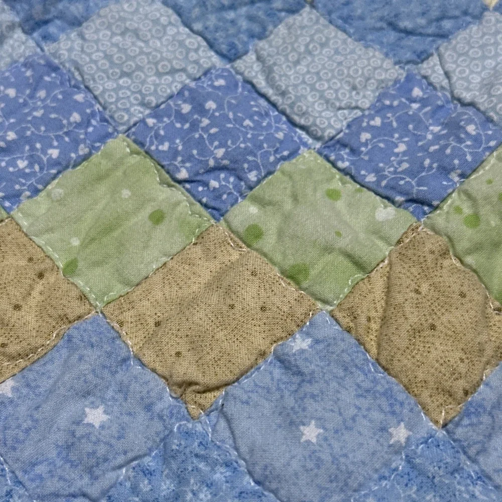 Vintage Handmade Baby /Child Quilt Blues Greens Floral Small Diamonds 60